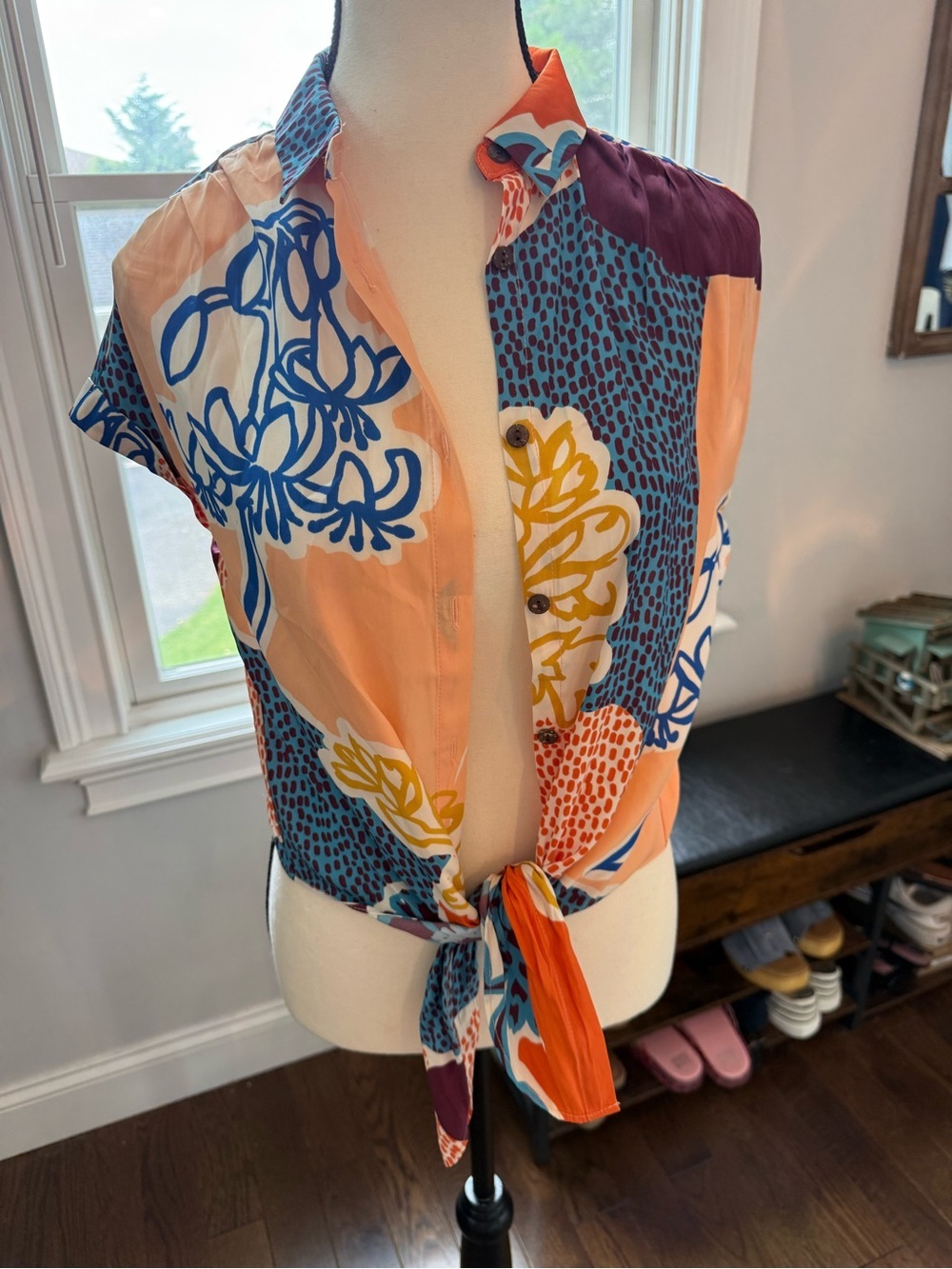 Rose & Olive Peach, Blue & Yellow Tie-Front Shirt XS BNWT